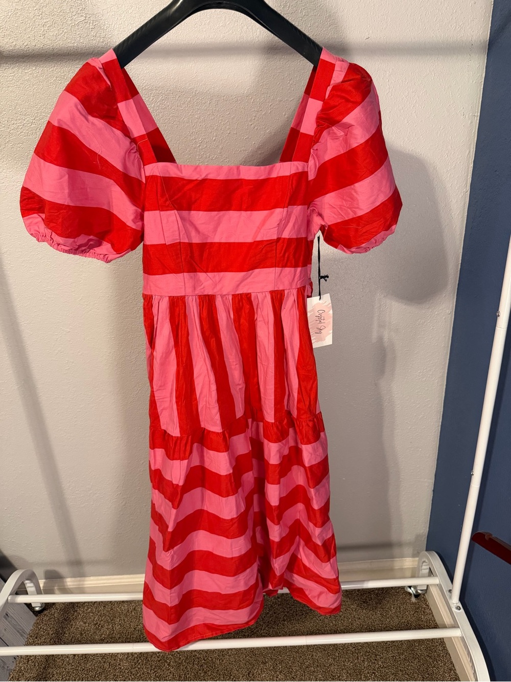 Crystal Sky Red Pink Striped Puff Sleeve Midi Dress